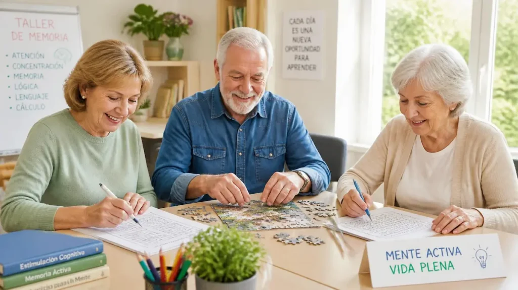 Seniors felices haciendo un taller de estimulación cognitiva y memoria