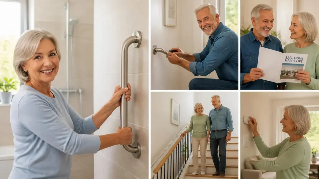 Pareja senior acondicionando su hogar para prevenir posibles caídas.
