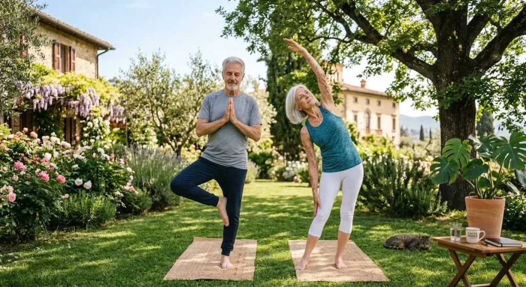 Pareja senior haciendo yoga en el jadín