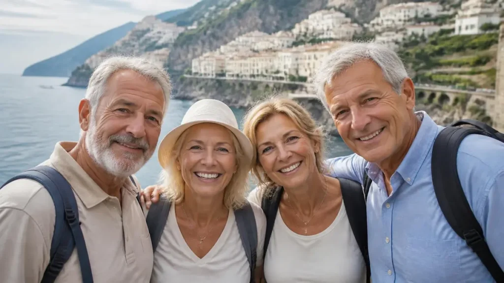 Dos parejas seniro felices por tener un seguro de viaje confiable.