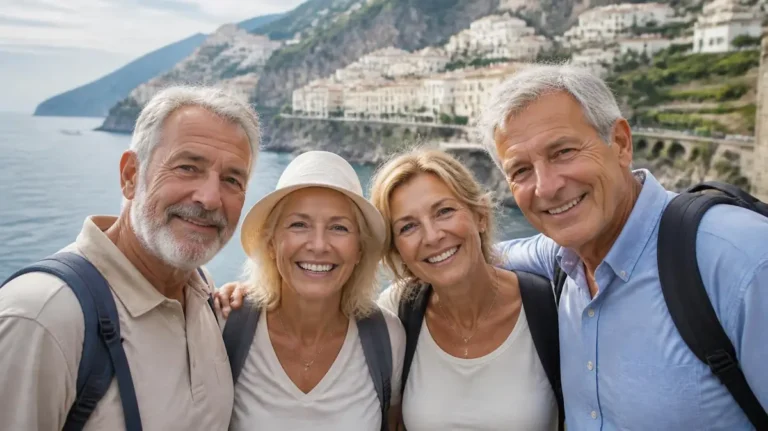 Dos parejas seniro felices por tener un seguro de viaje confiable.