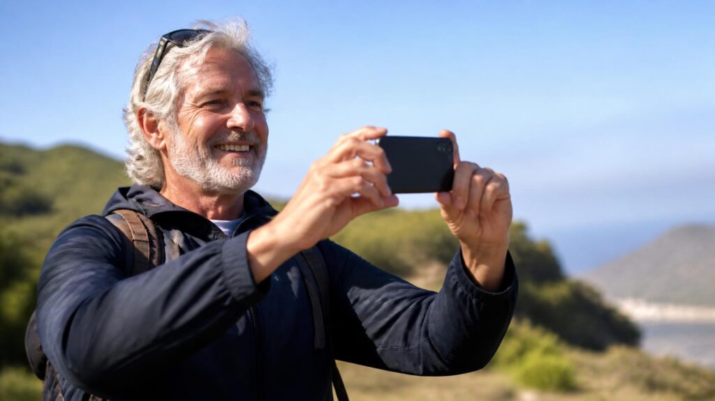 Senior disfrutando de un paisaje y fotografiándolo.