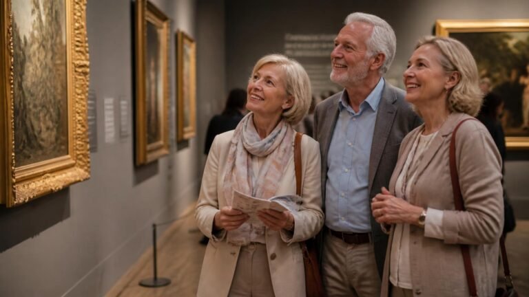 Grupo de 3 seniors disfrutando de un museo gracias a los descuentos del mismo.
