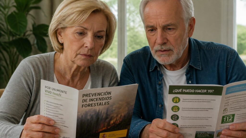 Seniors leyendo una guía sobre incendios forestales