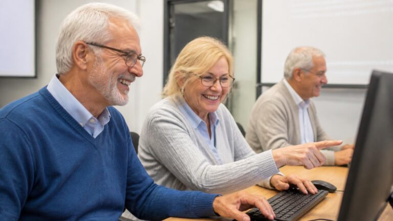 Seniors disfrutando de un taller de informática.