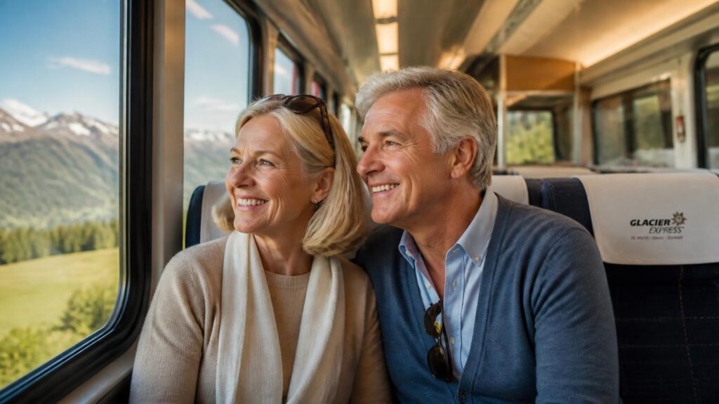 Pareja senior disfrutando de un viaje en tren