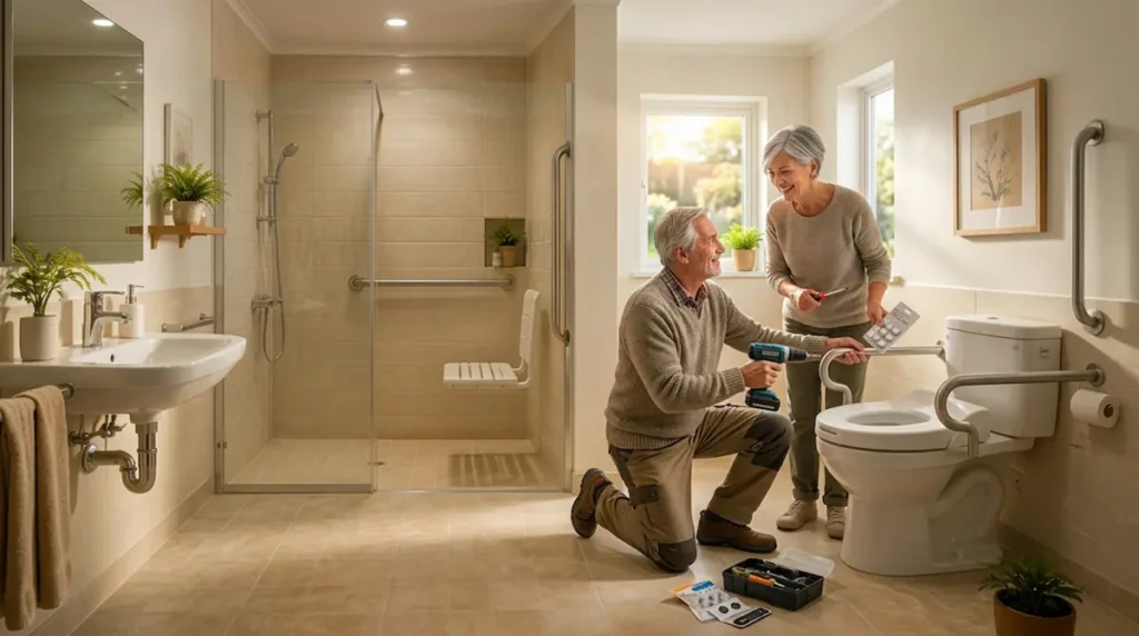Pareja senior adaptando su hogar para prevenir posibles caídas