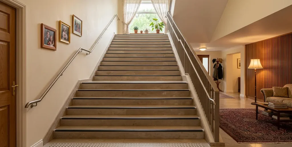 Escaleras de una casa con una barra para agarrarse