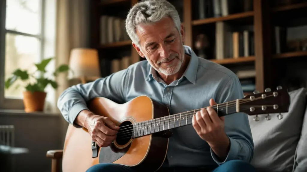 Senior aprendiendo a tocar la guitarra