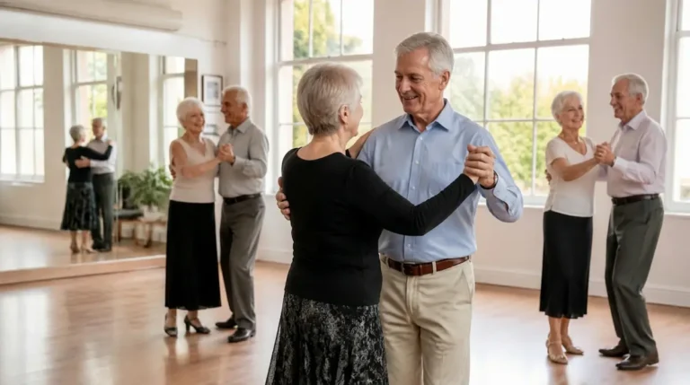 Seniors en clase de baile aprendiendo.