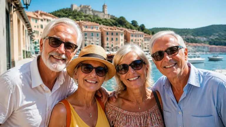 Dos parejas seniors muy felices en un viaje del Imserso