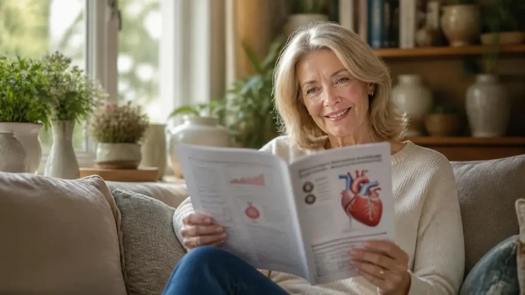Senior leyendo un artículo sobre cómo tener el corazón sano