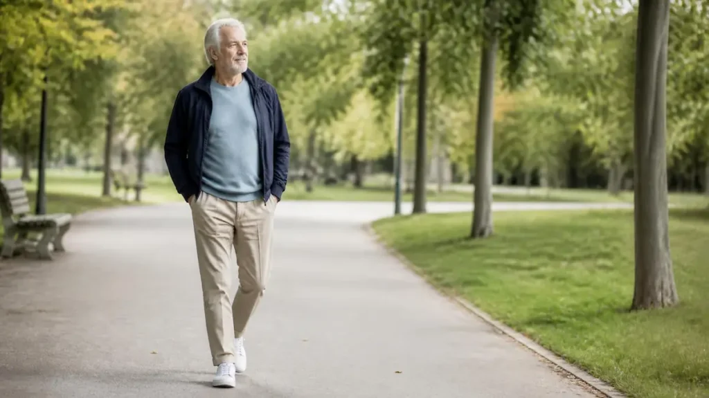 Senior retomando el ejercicio dando un paseo por el parque
