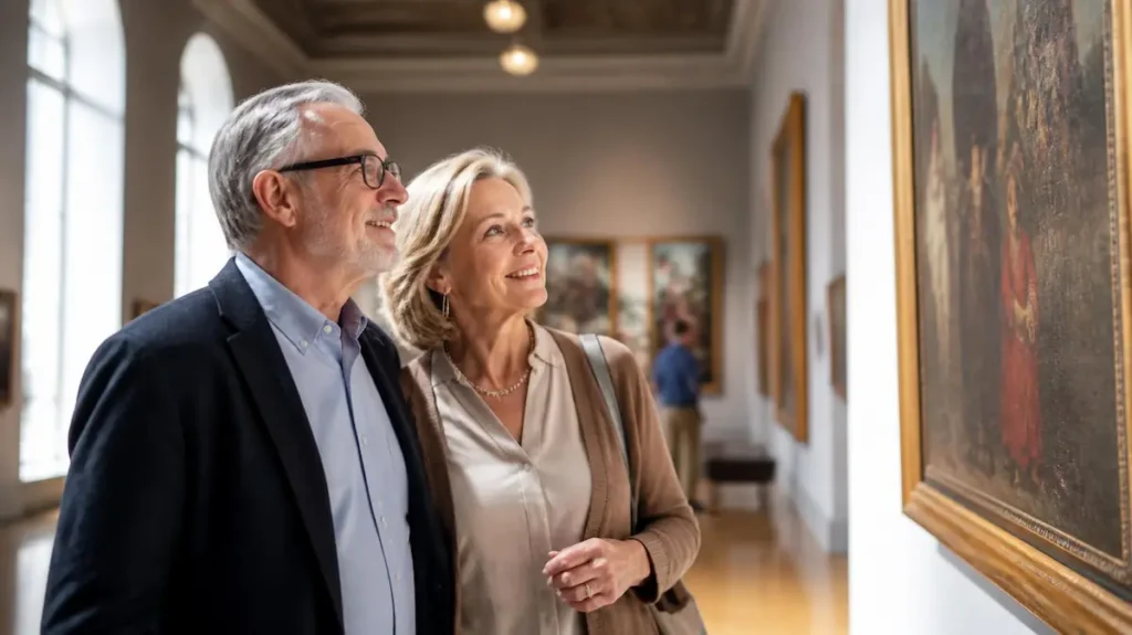 Pareja senior en un museo disfrutando