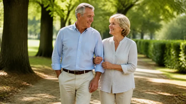 Pareja senior dando un paseo por el parque sin tener ningún miedo a caerse