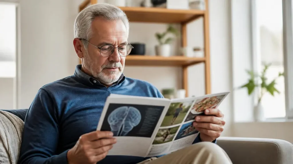 Senior leyendo un artículo sobre la prevención del alcheimer