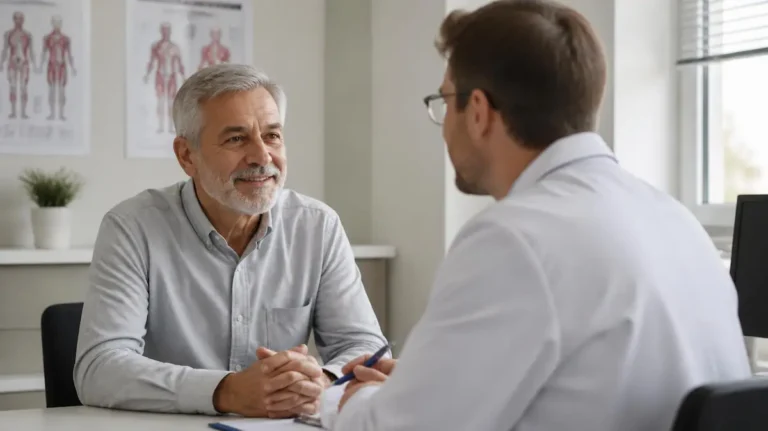 Senior con un médico realizándose las revisiones de otoño