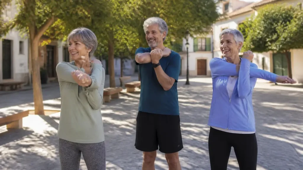 Grupo senior haciendo deporte en la plaza del pueblo