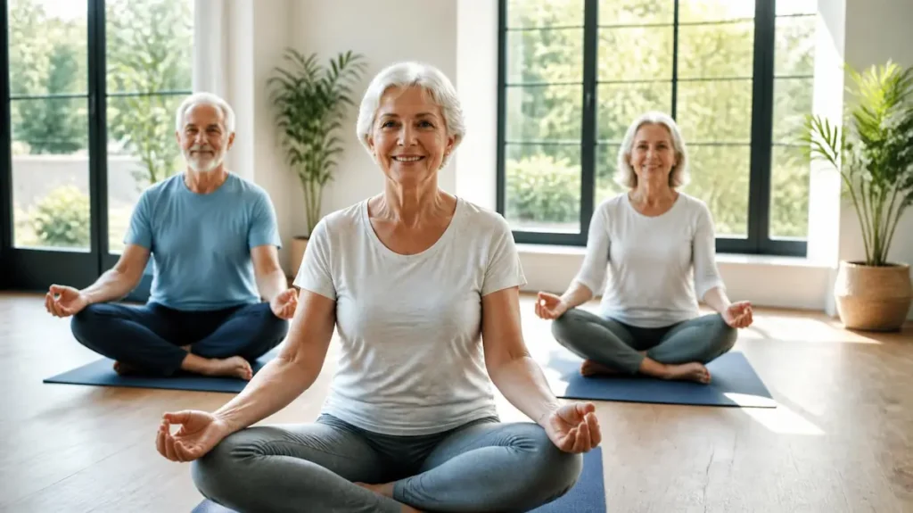 Grupo de personas mayores practicando yoga en una sala luminosa