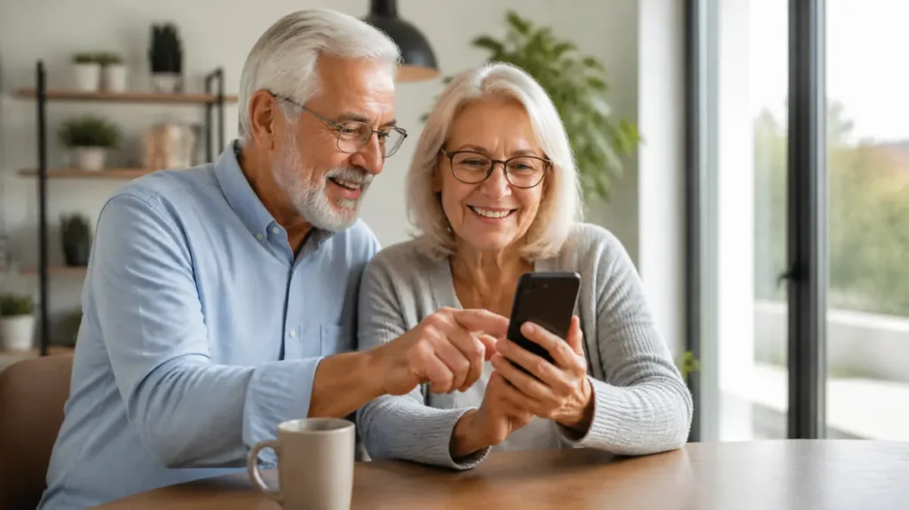 Pareja senior aprendiendo juntos nueva funcionalidades en el móvil