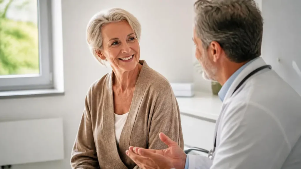 Senior sana hablando con su médico.