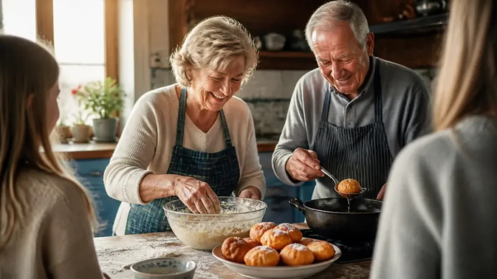Pareja senior cocinando unos buñuelos de viento con sus hijos