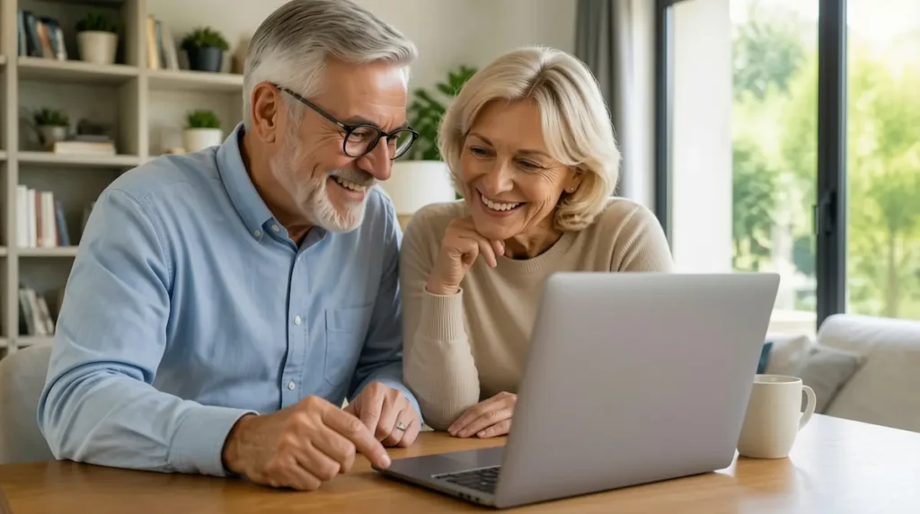 Seniors felices realizando un calculo exitoso de hipoteca inversa