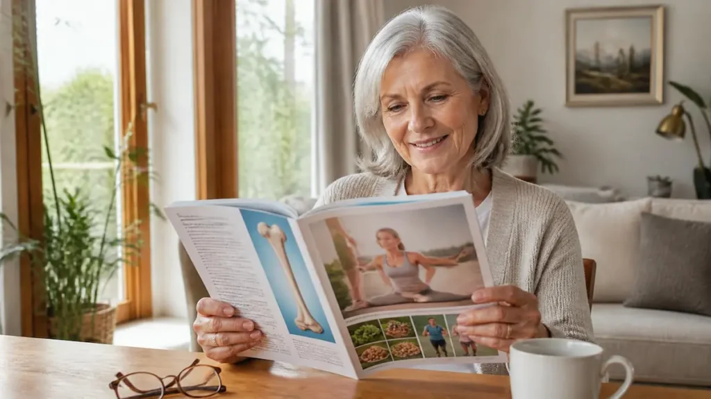 Señora leyendo una guía sobre la osteoporosis