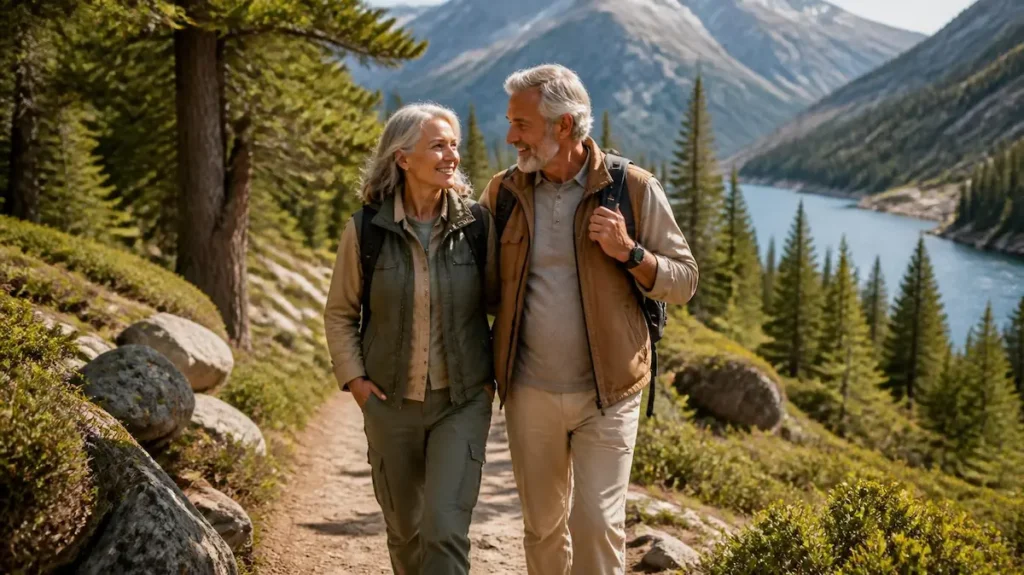 Pareja senior dando un paseo en un parque nacional