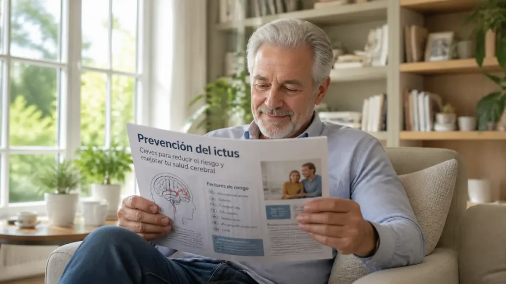 Senior leyendo un artículo sobre prevención de ictus