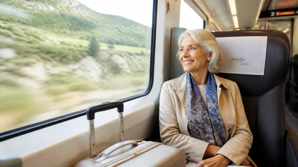Señora viajando felizmente en Renfe