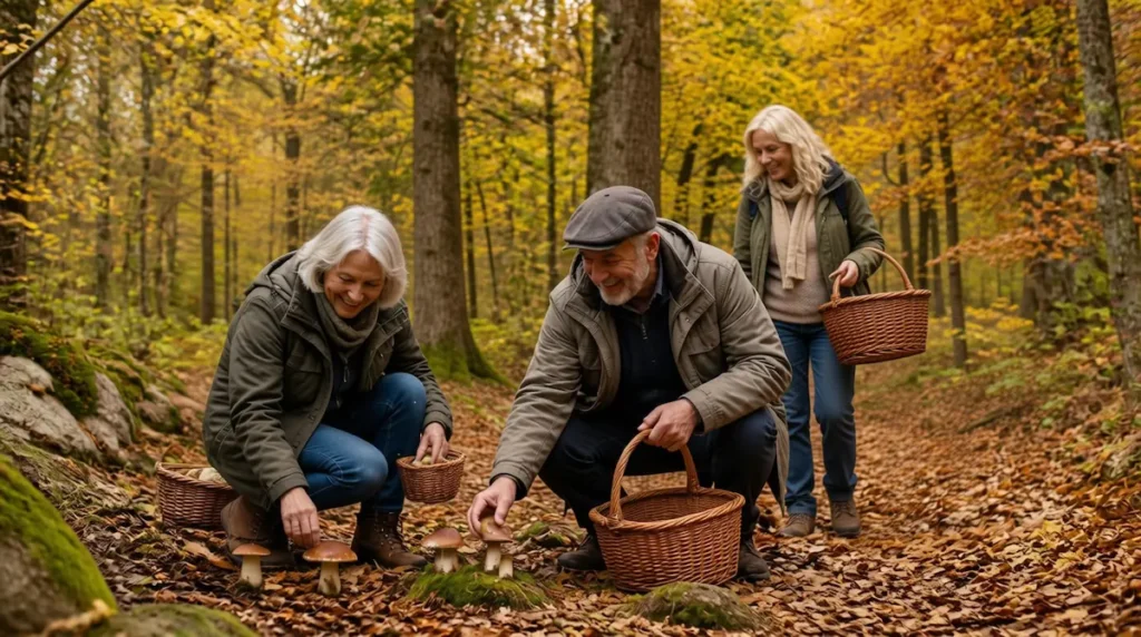 Seniors recogiendo setas en otoño